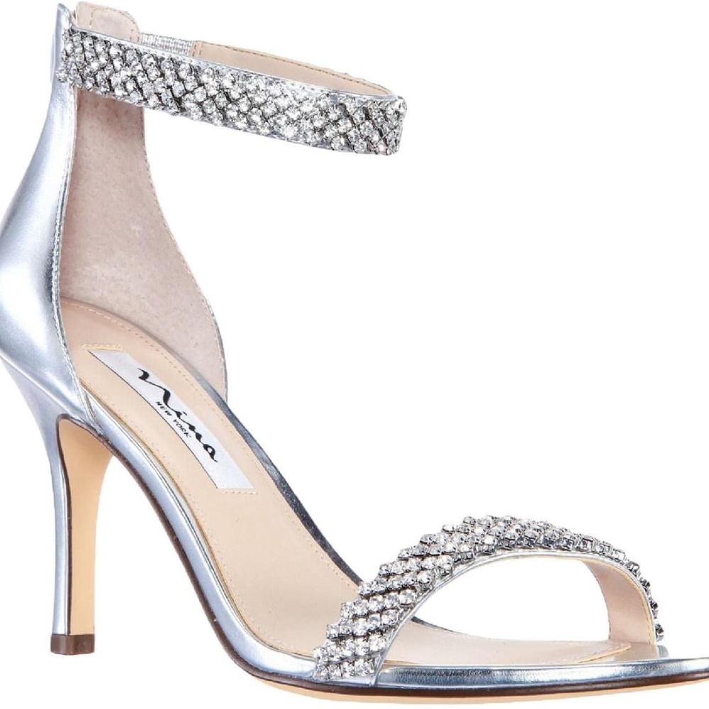 Nina Vauna Grey Metallic Foil Ankle-Strap Mid-Heel Evening‎ Sandals | Size 9.5